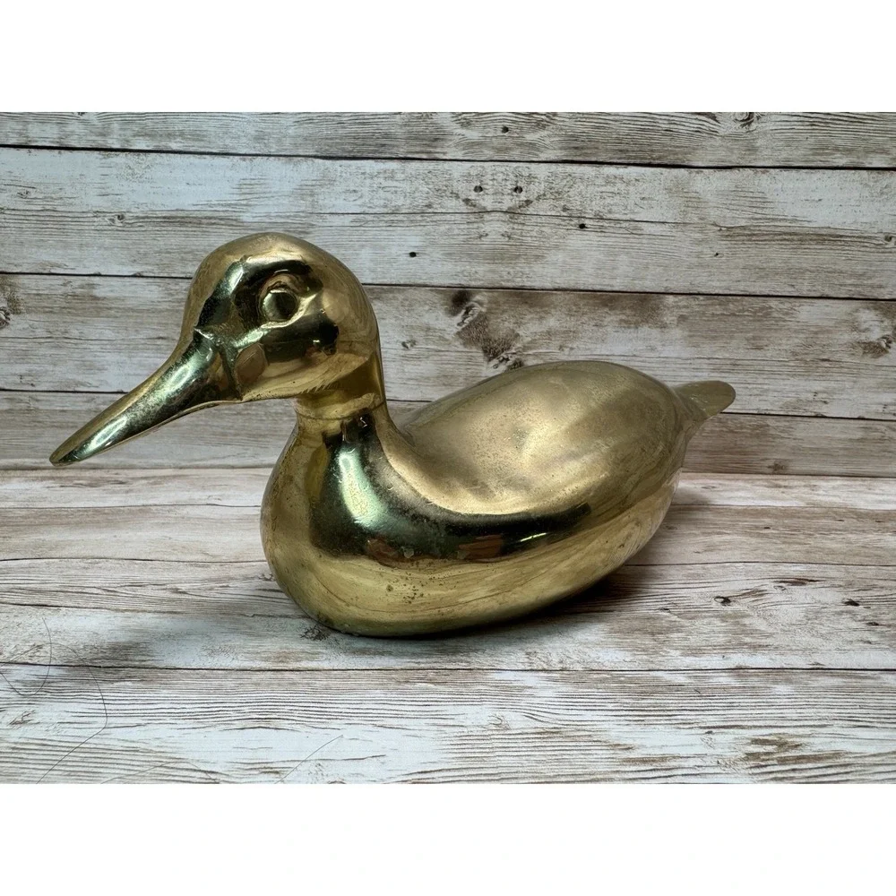 Vintage Solid Brass Duck Figurine Mid Century MCM Decorative - 10.5